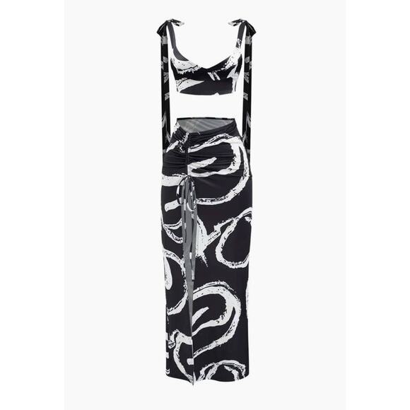 Micas Black and White Abstract Tie Strap Top and Drawstring Side Slit Skirt - L - Picture 1 of 5